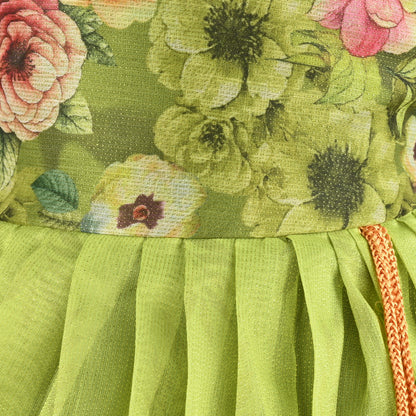 Baby Girls Satin Party Wear Dress | Floral Printed Frock with Heavy Neck Embroidery & Puff Sleeves | Wedding & Birthday Outfit