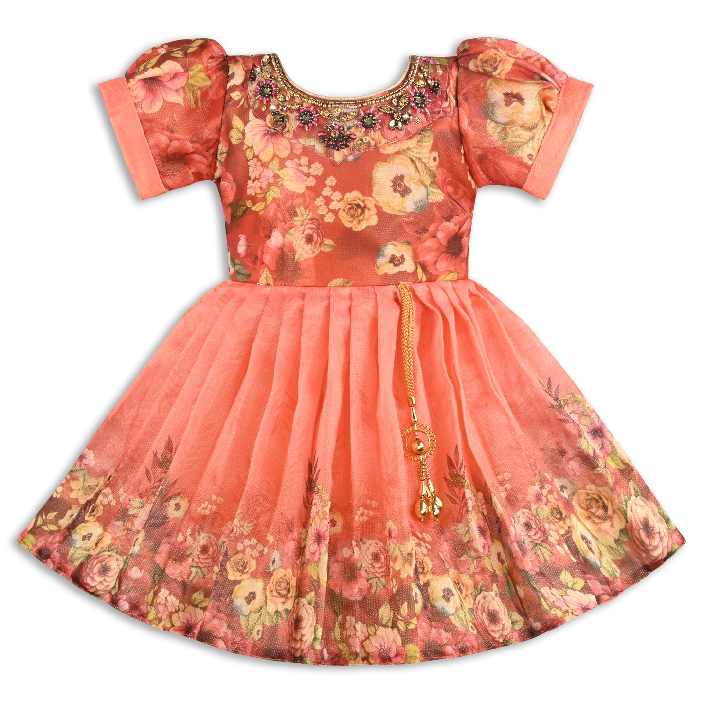 Baby Girls Satin Party Wear Dress | Floral Printed Frock with Heavy Neck Embroidery & Puff Sleeves | Wedding & Birthday Outfit
