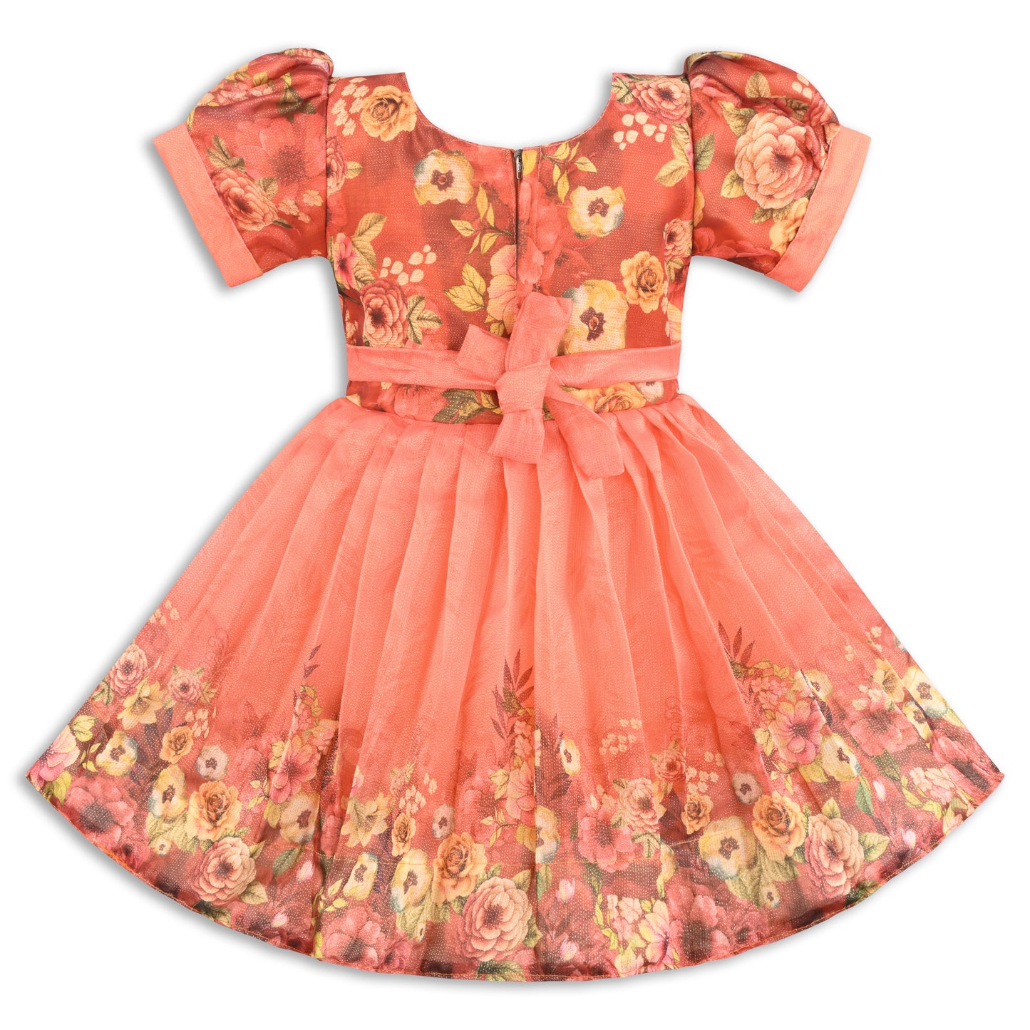 Baby Girls Satin Party Wear Dress | Floral Printed Frock with Heavy Neck Embroidery & Puff Sleeves | Wedding & Birthday Outfit
