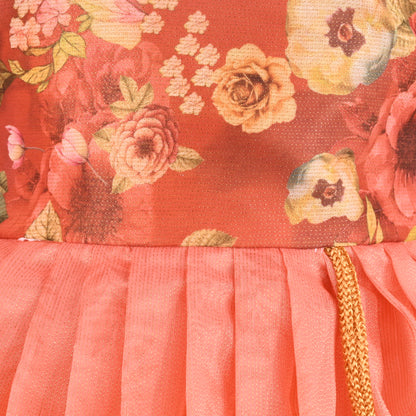 Baby Girls Satin Party Wear Dress | Floral Printed Frock with Heavy Neck Embroidery & Puff Sleeves | Wedding & Birthday Outfit