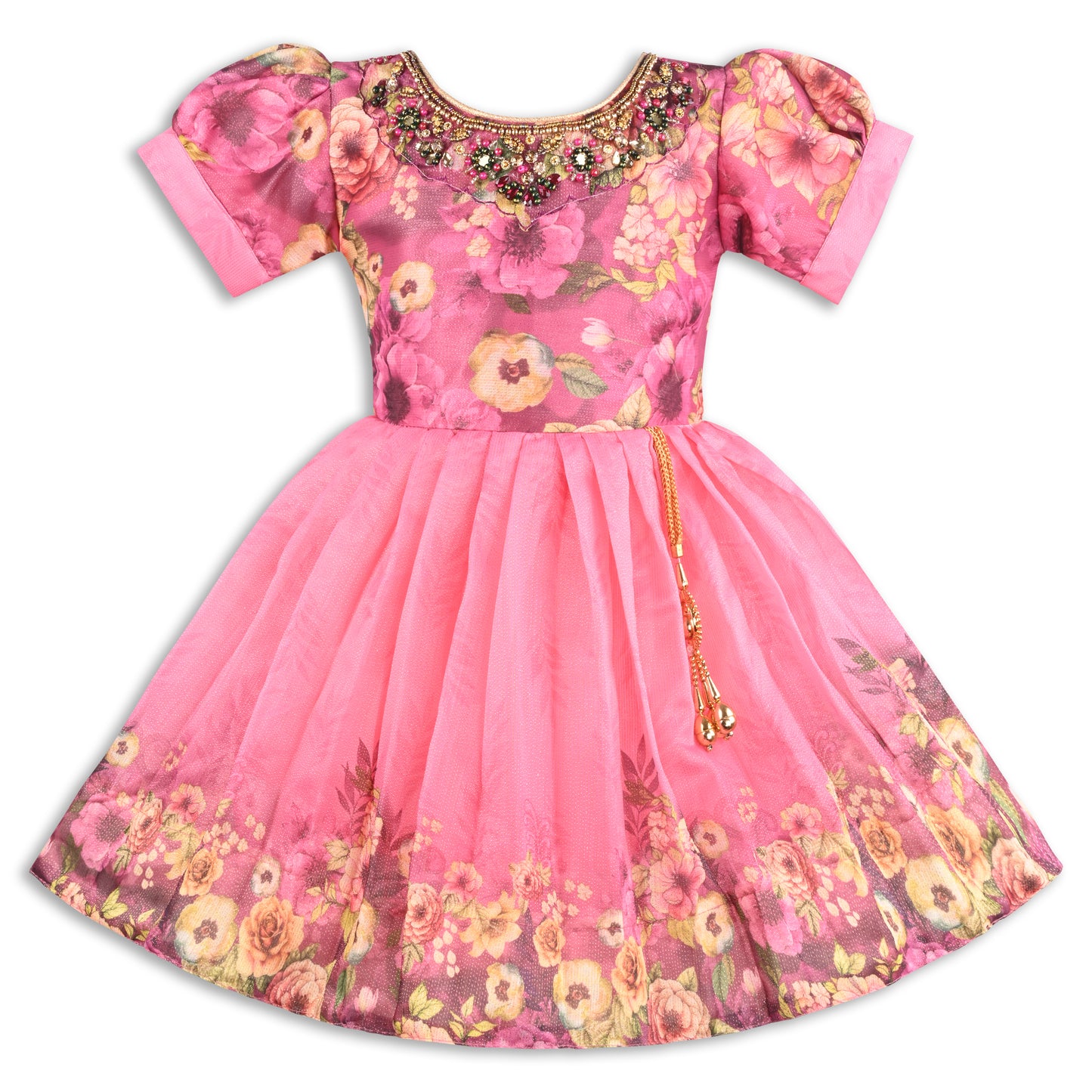 Baby Girls Satin Party Wear Dress | Floral Printed Frock with Heavy Neck Embroidery & Puff Sleeves | Wedding & Birthday Outfit