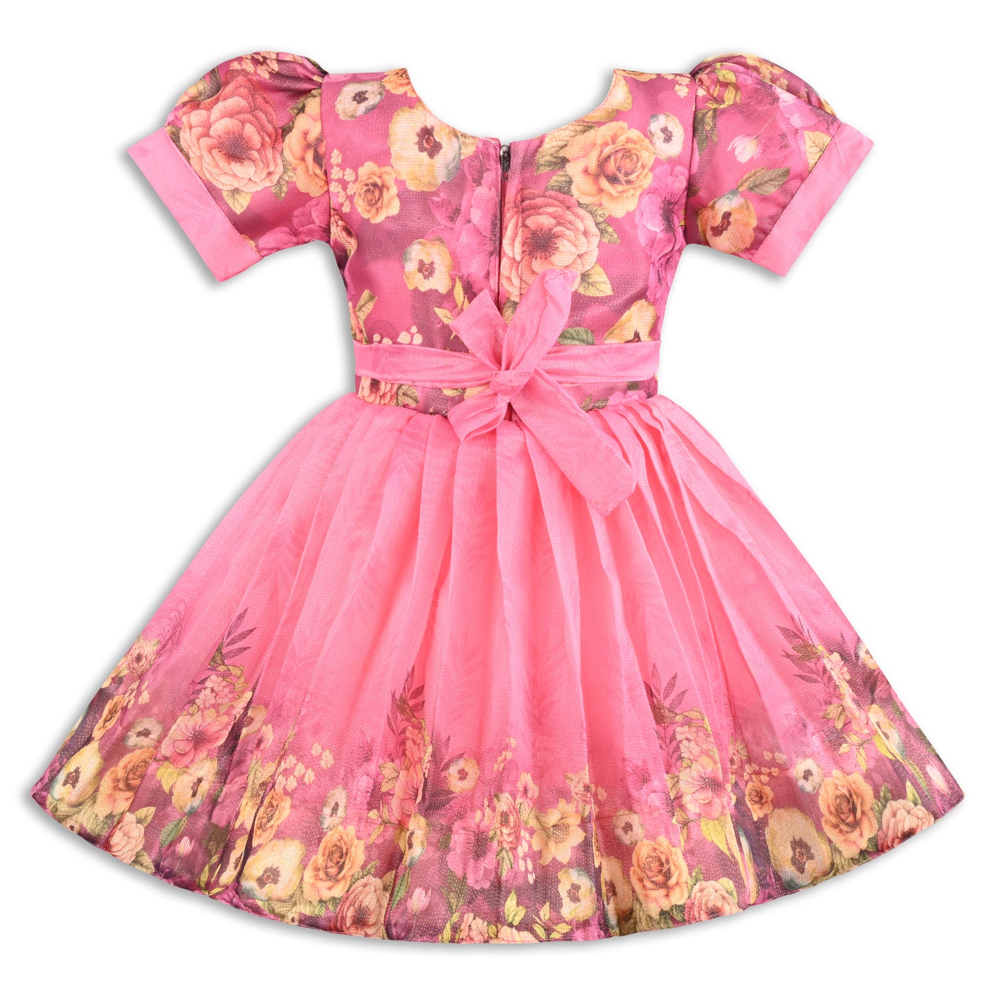 Baby Girls Satin Party Wear Dress | Floral Printed Frock with Heavy Neck Embroidery & Puff Sleeves | Wedding & Birthday Outfit