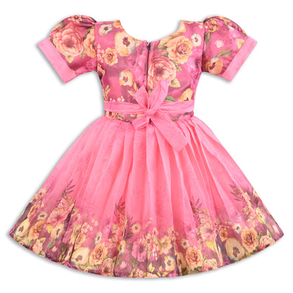 Baby Girls Satin Party Wear Dress | Floral Printed Frock with Heavy Neck Embroidery & Puff Sleeves | Wedding & Birthday Outfit