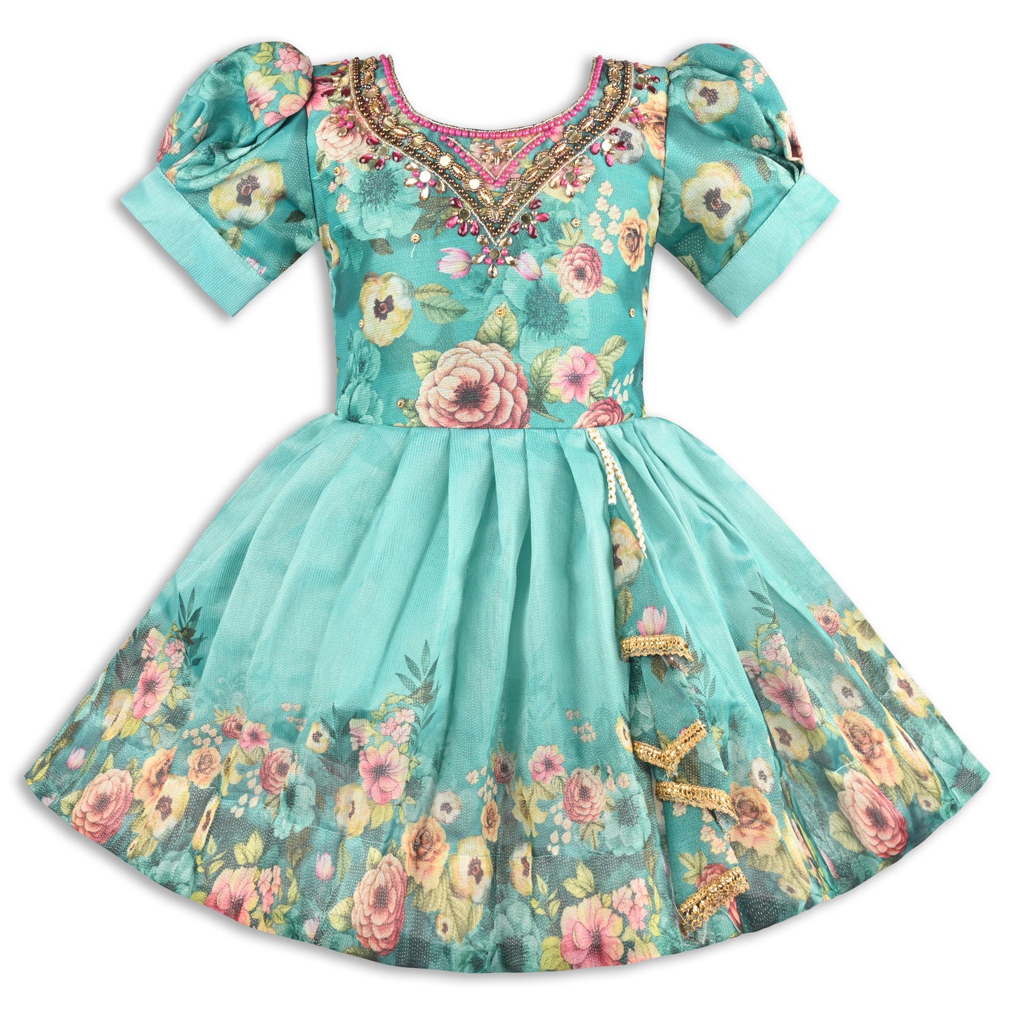 Baby Girls Satin Party Wear Dress | Floral Printed Frock with Heavy Neck Embroidery & Puff Sleeves | Wedding & Birthday Outfit