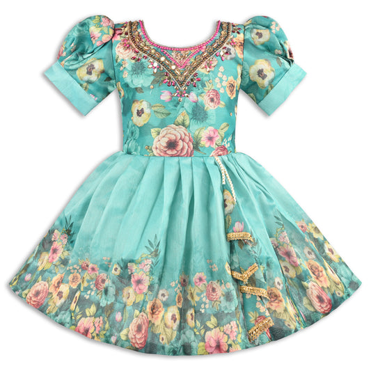 Baby Girls Satin Party Wear Dress | Floral Printed Frock with Heavy Neck Embroidery & Puff Sleeves | Wedding & Birthday Outfit