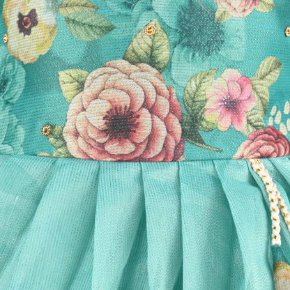 Baby Girls Satin Party Wear Dress | Floral Printed Frock with Heavy Neck Embroidery & Puff Sleeves | Wedding & Birthday Outfit