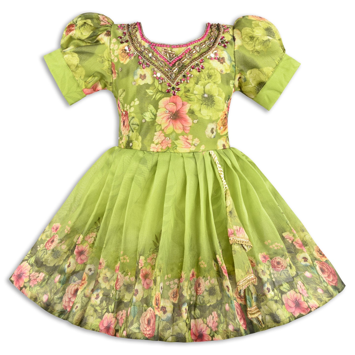 Baby Girls Satin Party Wear Dress | Floral Printed Frock with Heavy Neck Embroidery & Puff Sleeves | Wedding & Birthday Outfit