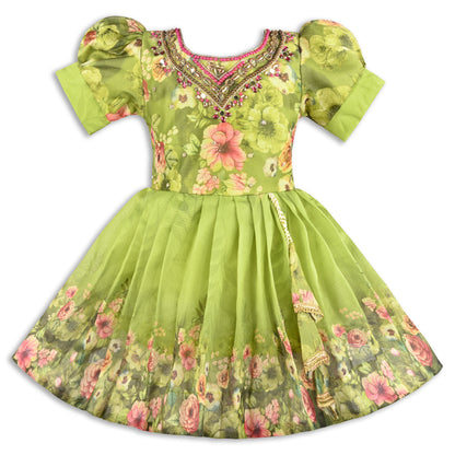Baby Girls Satin Party Wear Dress | Floral Printed Frock with Heavy Neck Embroidery & Puff Sleeves | Wedding & Birthday Outfit