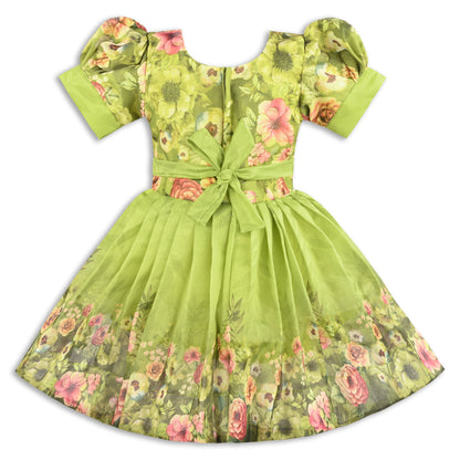 Baby Girls Satin Party Wear Dress | Floral Printed Frock with Heavy Neck Embroidery & Puff Sleeves | Wedding & Birthday Outfit