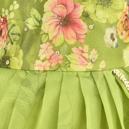 Baby Girls Satin Party Wear Dress | Floral Printed Frock with Heavy Neck Embroidery & Puff Sleeves | Wedding & Birthday Outfit