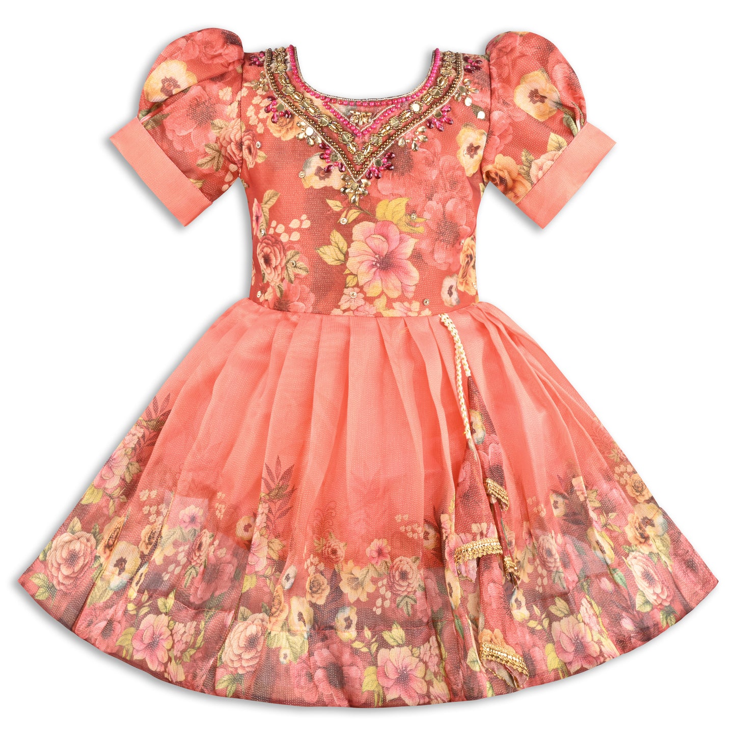Baby Girls Satin Party Wear Dress | Floral Printed Frock with Heavy Neck Embroidery & Puff Sleeves | Wedding & Birthday Outfit