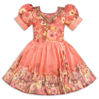 Baby Girls Satin Party Wear Dress | Floral Printed Frock with Heavy Neck Embroidery & Puff Sleeves | Wedding & Birthday Outfit