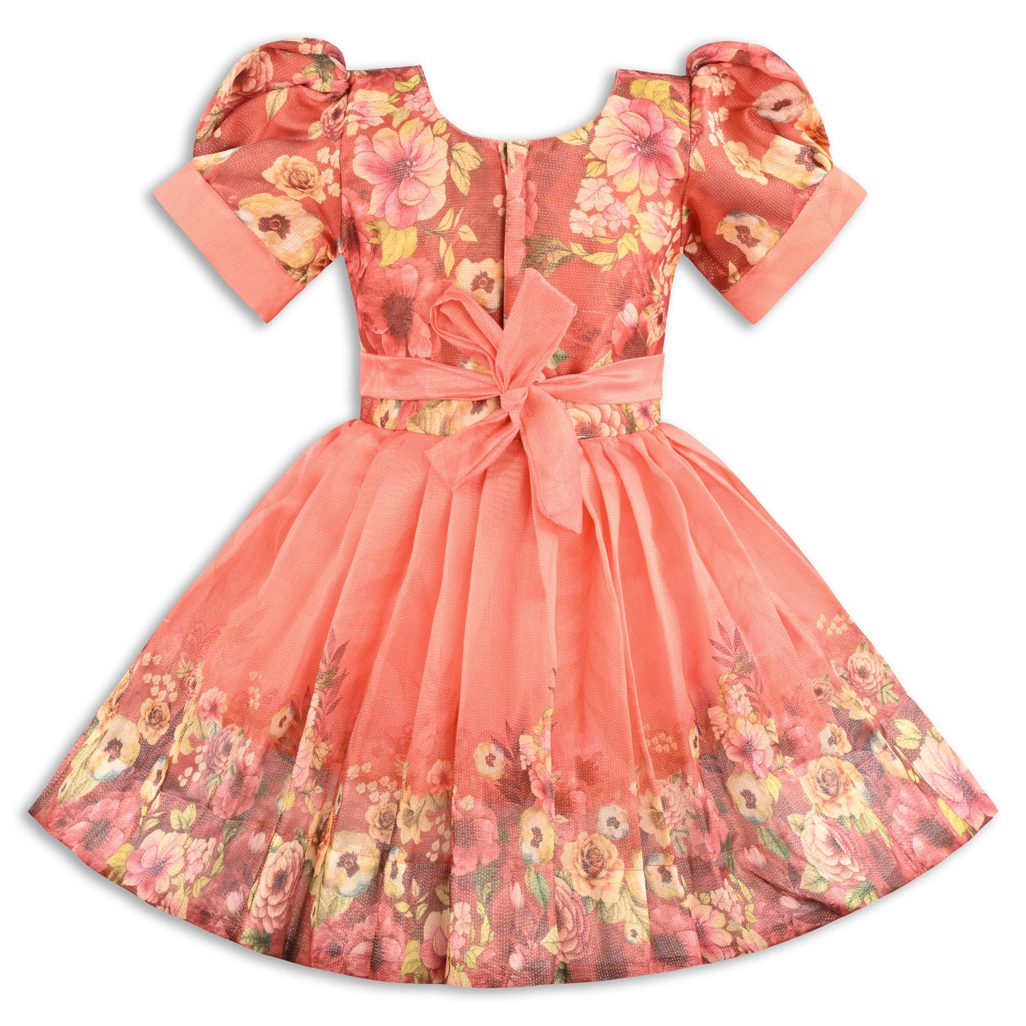 Baby Girls Satin Party Wear Dress | Floral Printed Frock with Heavy Neck Embroidery & Puff Sleeves | Wedding & Birthday Outfit