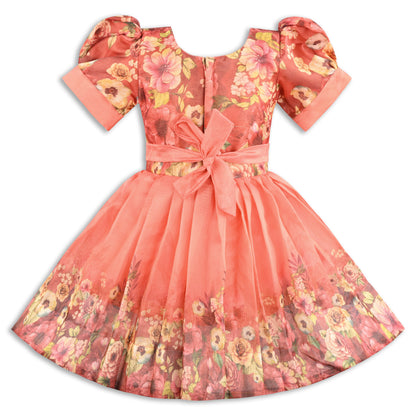 Baby Girls Satin Party Wear Dress | Floral Printed Frock with Heavy Neck Embroidery & Puff Sleeves | Wedding & Birthday Outfit