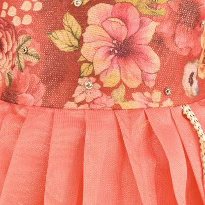 Baby Girls Satin Party Wear Dress | Floral Printed Frock with Heavy Neck Embroidery & Puff Sleeves | Wedding & Birthday Outfit