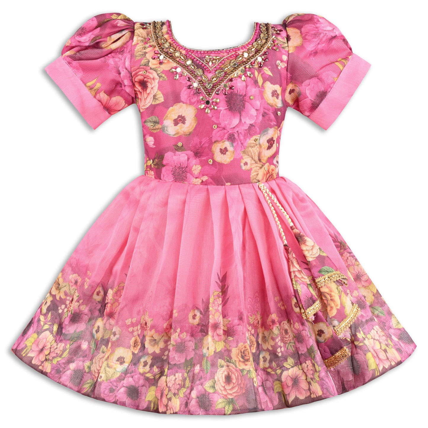 Baby Girls Satin Party Wear Dress | Floral Printed Frock with Heavy Neck Embroidery & Puff Sleeves | Wedding & Birthday Outfit
