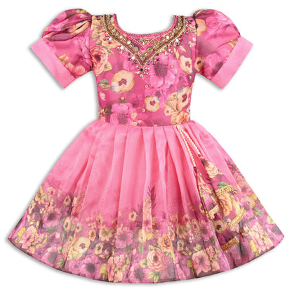 Baby Girls Satin Party Wear Dress | Floral Printed Frock with Heavy Neck Embroidery & Puff Sleeves | Wedding & Birthday Outfit