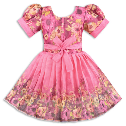 Baby Girls Satin Party Wear Dress | Floral Printed Frock with Heavy Neck Embroidery & Puff Sleeves | Wedding & Birthday Outfit