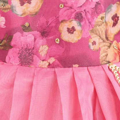 Baby Girls Satin Party Wear Dress | Floral Printed Frock with Heavy Neck Embroidery & Puff Sleeves | Wedding & Birthday Outfit