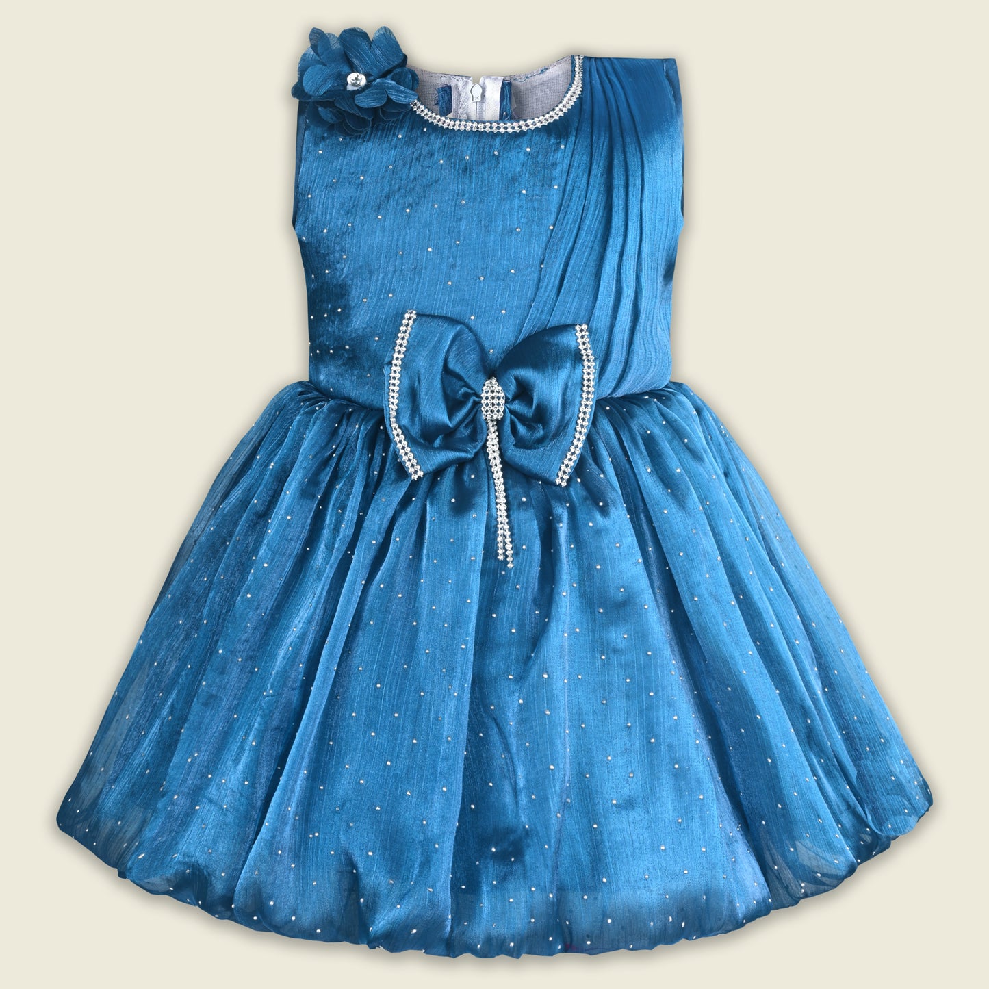 Baby Girls Chiffon Party Wear Dress | Pearl-Studded Frock with Big Bow & Flower Applique | Birthday & Festive Outfit