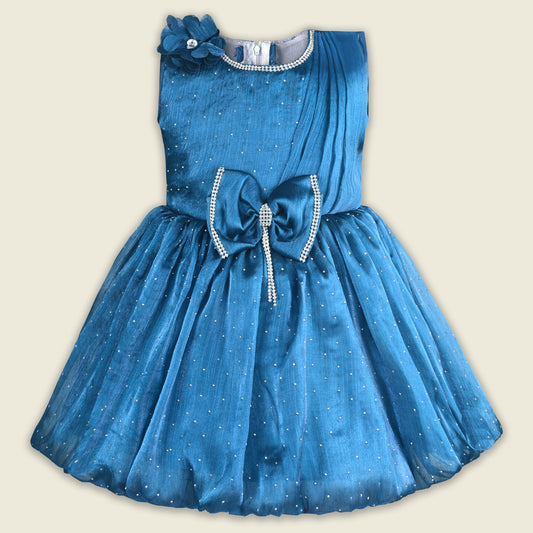 Baby Girls Chiffon Party Wear Dress | Pearl-Studded Frock with Big Bow & Flower Applique | Birthday & Festive Outfit