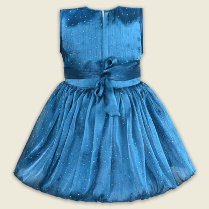 Baby Girls Chiffon Party Wear Dress | Pearl-Studded Frock with Big Bow & Flower Applique | Birthday & Festive Outfit