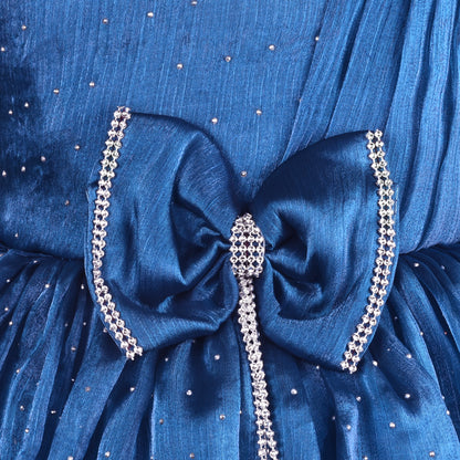 Baby Girls Chiffon Party Wear Dress | Pearl-Studded Frock with Big Bow & Flower Applique | Birthday & Festive Outfit