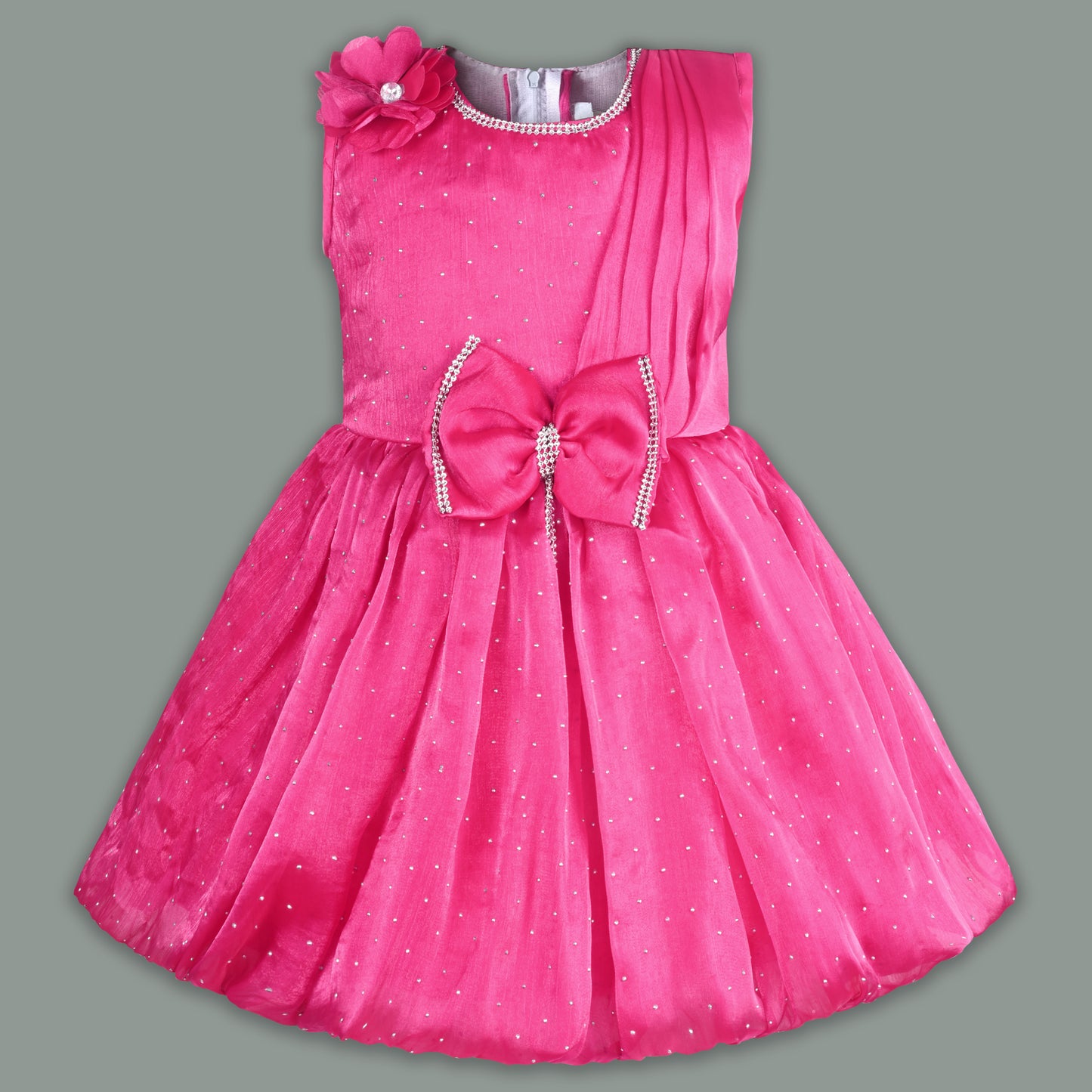 Baby Girls Chiffon Party Wear Dress | Pearl-Studded Frock with Big Bow & Flower Applique | Birthday & Festive Outfit