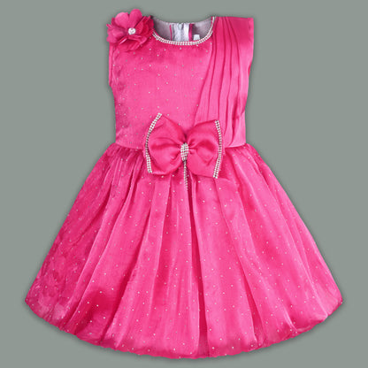 Baby Girls Chiffon Party Wear Dress | Pearl-Studded Frock with Big Bow & Flower Applique | Birthday & Festive Outfit
