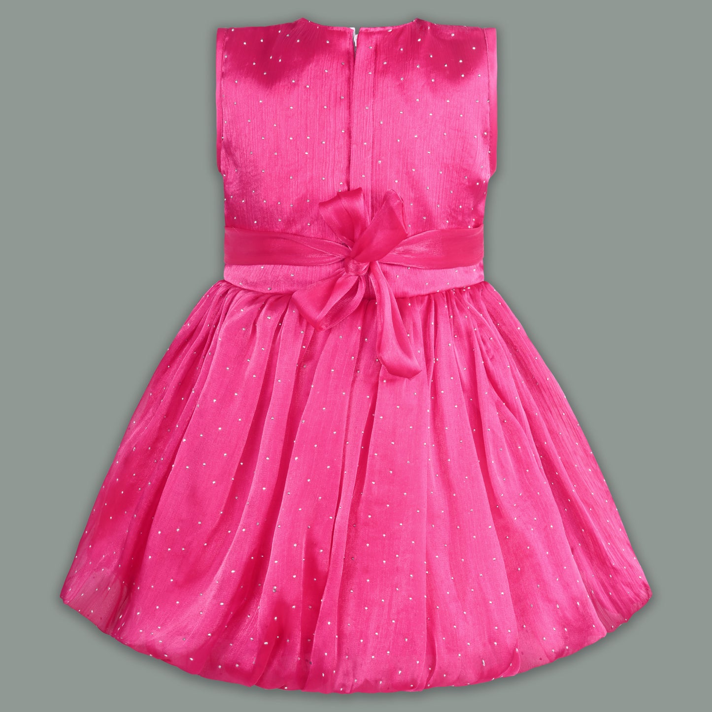 Baby Girls Chiffon Party Wear Dress | Pearl-Studded Frock with Big Bow & Flower Applique | Birthday & Festive Outfit