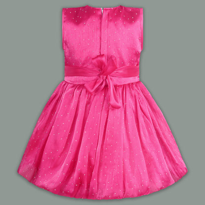 Baby Girls Chiffon Party Wear Dress | Pearl-Studded Frock with Big Bow & Flower Applique | Birthday & Festive Outfit