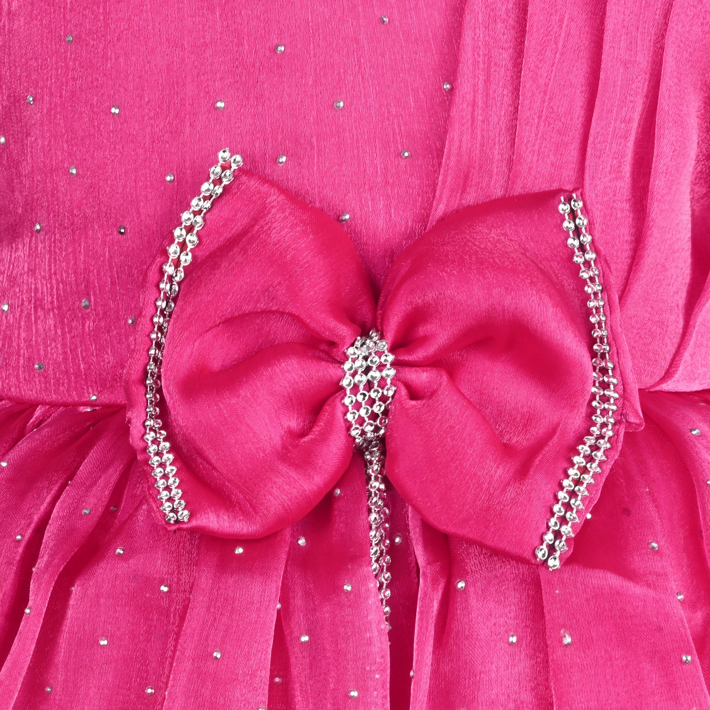 Baby Girls Chiffon Party Wear Dress | Pearl-Studded Frock with Big Bow & Flower Applique | Birthday & Festive Outfit