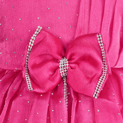 Baby Girls Chiffon Party Wear Dress | Pearl-Studded Frock with Big Bow & Flower Applique | Birthday & Festive Outfit