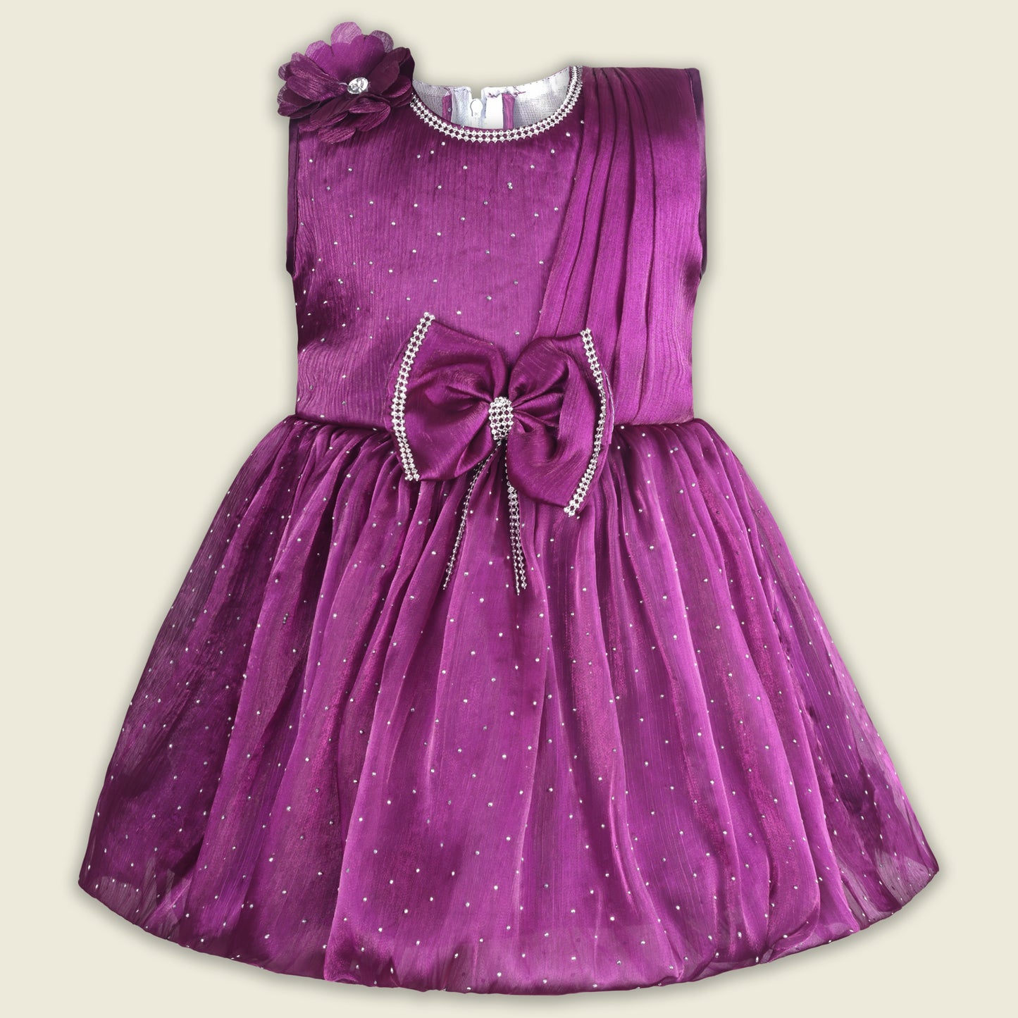 Baby Girls Chiffon Party Wear Dress | Pearl-Studded Frock with Big Bow & Flower Applique | Birthday & Festive Outfit