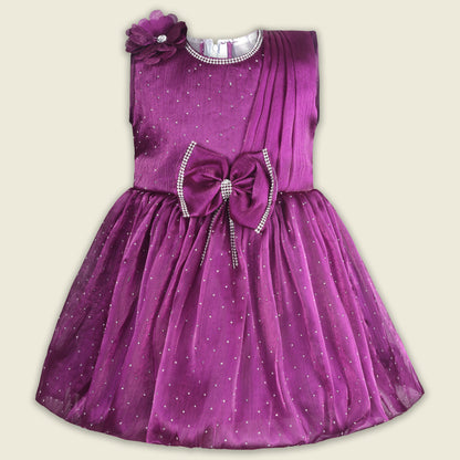 Baby Girls Chiffon Party Wear Dress | Pearl-Studded Frock with Big Bow & Flower Applique | Birthday & Festive Outfit