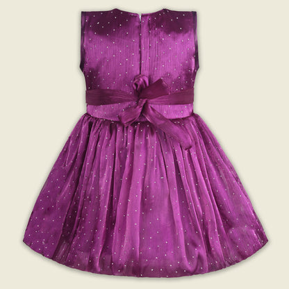 Baby Girls Chiffon Party Wear Dress | Pearl-Studded Frock with Big Bow & Flower Applique | Birthday & Festive Outfit