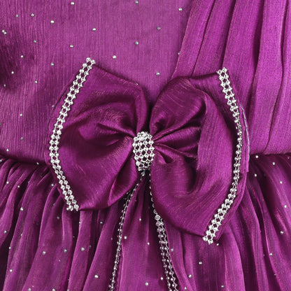 Baby Girls Chiffon Party Wear Dress | Pearl-Studded Frock with Big Bow & Flower Applique | Birthday & Festive Outfit