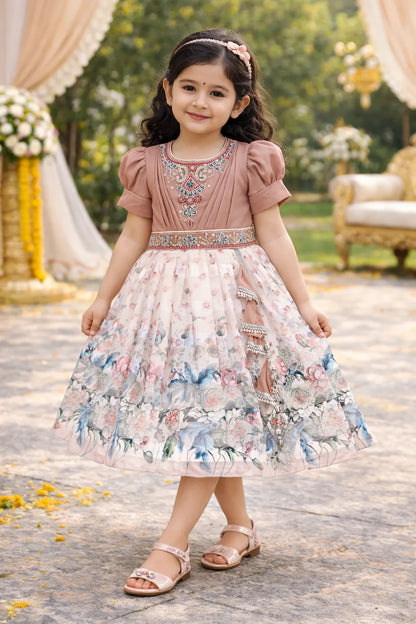 Girls Ethnic Party Wear Dress with Embroidered Bodice & Floral Chiffon Skirt