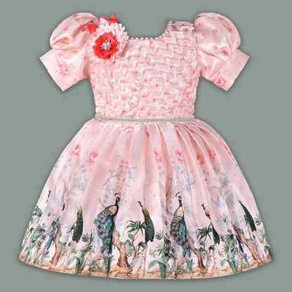 Girls Party Wear Satin Dress with Textured Bodice & Peacock Print Skirt