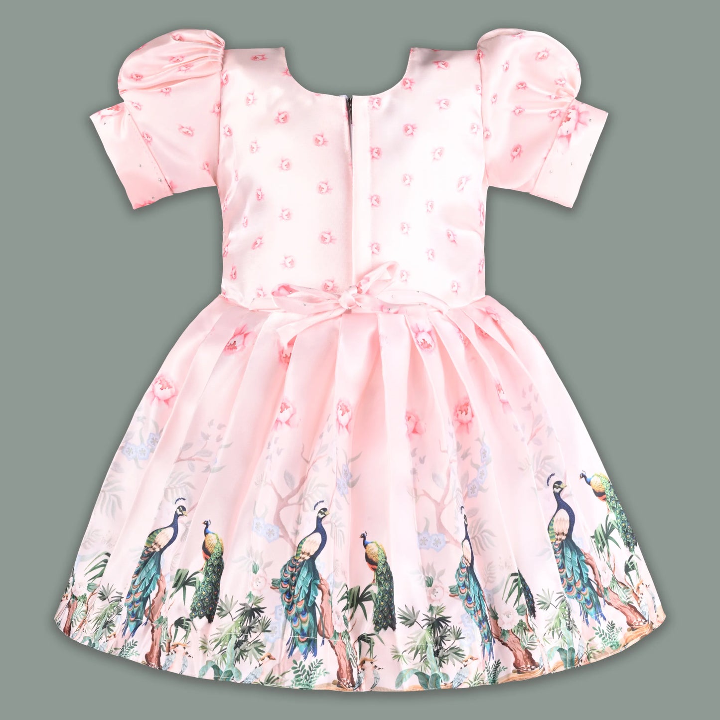 Girls Party Wear Satin Dress with Textured Bodice & Peacock Print Skirt