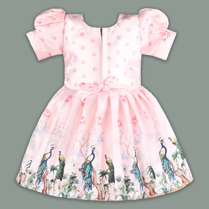 Girls Party Wear Satin Dress with Textured Bodice & Peacock Print Skirt
