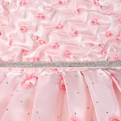 Girls Party Wear Satin Dress with Textured Bodice & Peacock Print Skirt