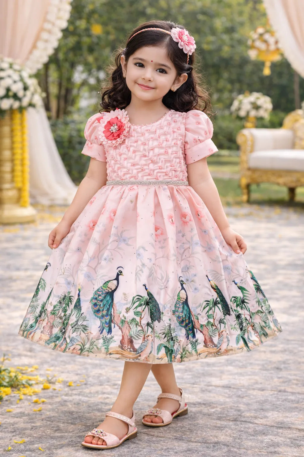 Girls Party Wear Satin Dress with Textured Bodice & Peacock Print Skirt