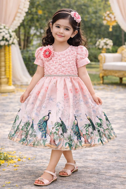 Girls Party Wear Satin Dress with Textured Bodice & Peacock Print Skirt