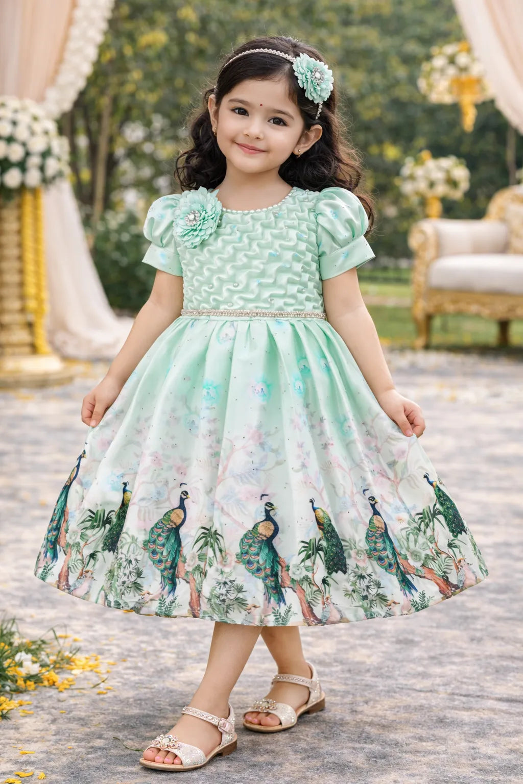 Girls Party Wear Satin Dress with Textured Bodice & Peacock Print Skirt