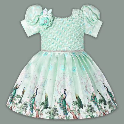 Girls Party Wear Satin Dress with Textured Bodice & Peacock Print Skirt