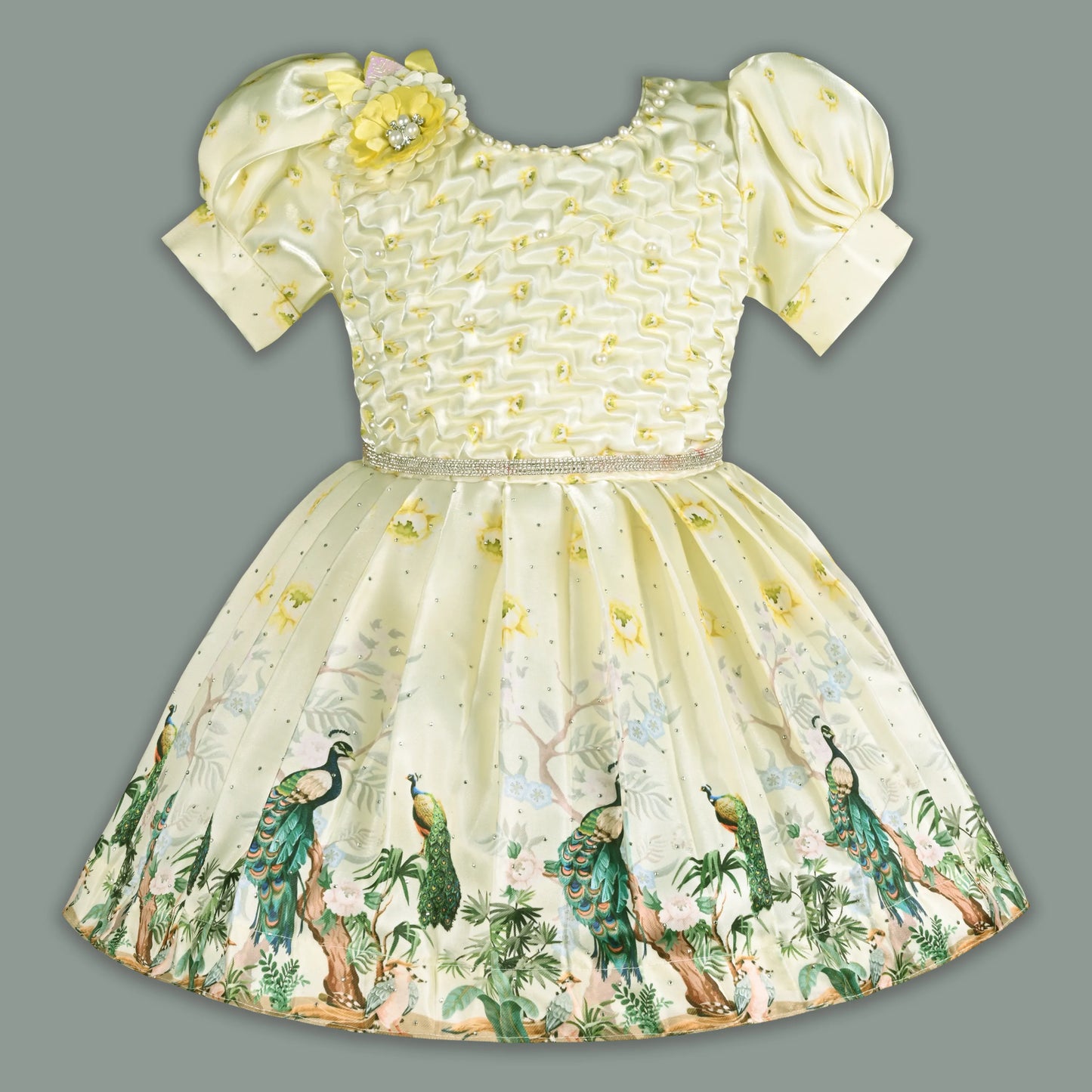 Girls Party Wear Satin Dress with Textured Bodice & Peacock Print Skirt