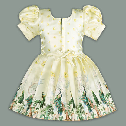 Girls Party Wear Satin Dress with Textured Bodice & Peacock Print Skirt