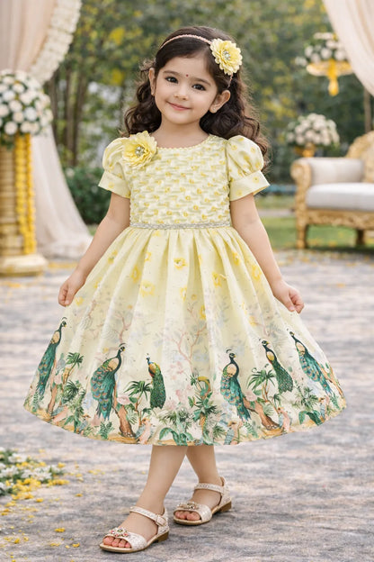 Girls Party Wear Satin Dress with Textured Bodice & Peacock Print Skirt