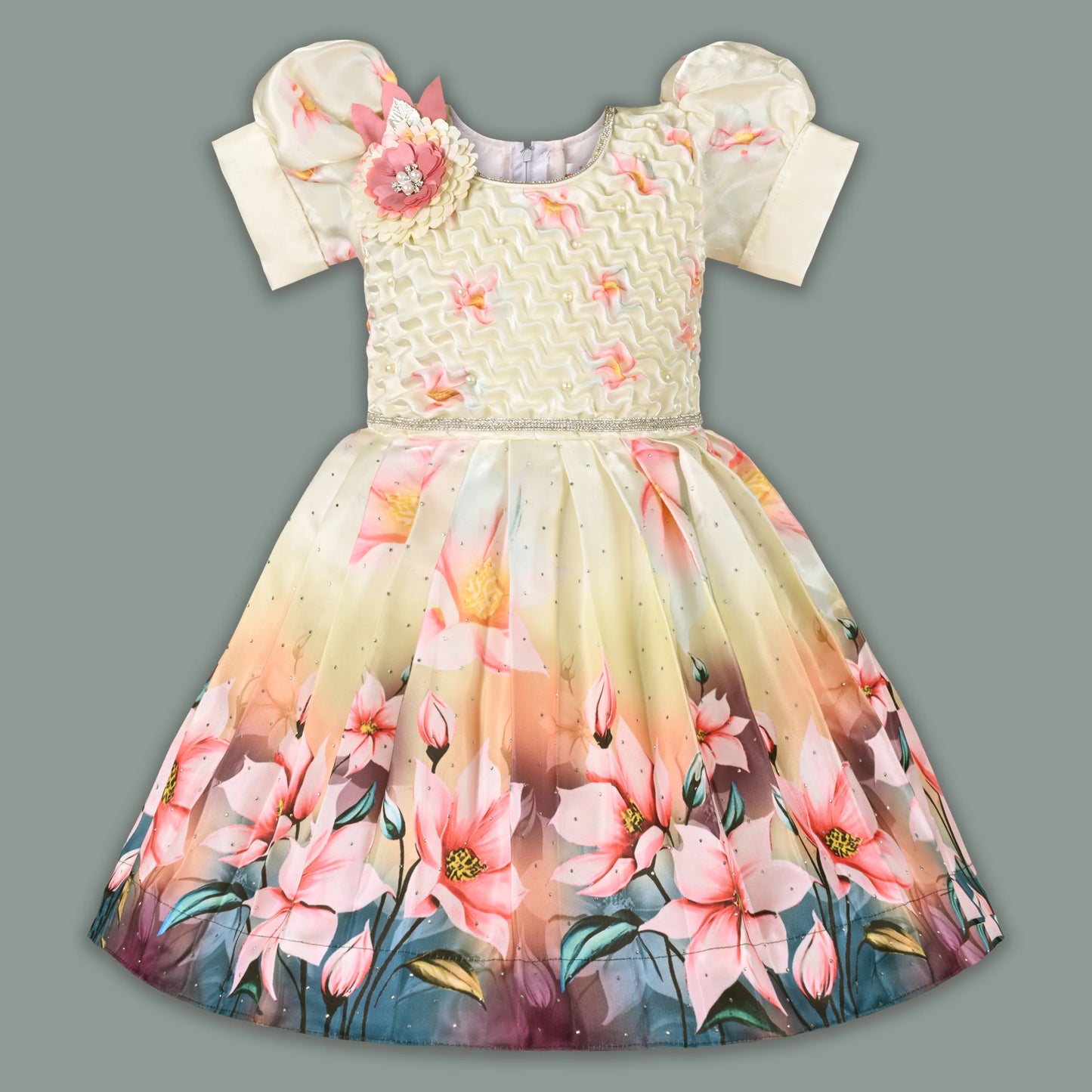 Elegant Kids Floral Party Dress – Satin Fabric | Puff Sleeves | Premium Occasion Wear